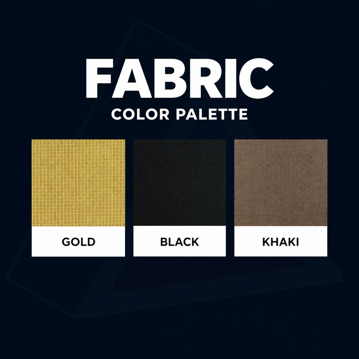 Name panel fabric color samples: gold, black and khaki
