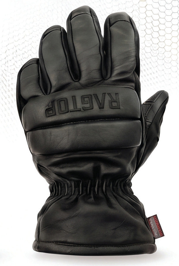 Back-of-hand view of a RagTop Fire Duty Mitt showing the broad padded knuckle bar with embossed RAGTOP branding, a second padded zone below it, sculpted tapered fingers and a gathered elastic wrist.