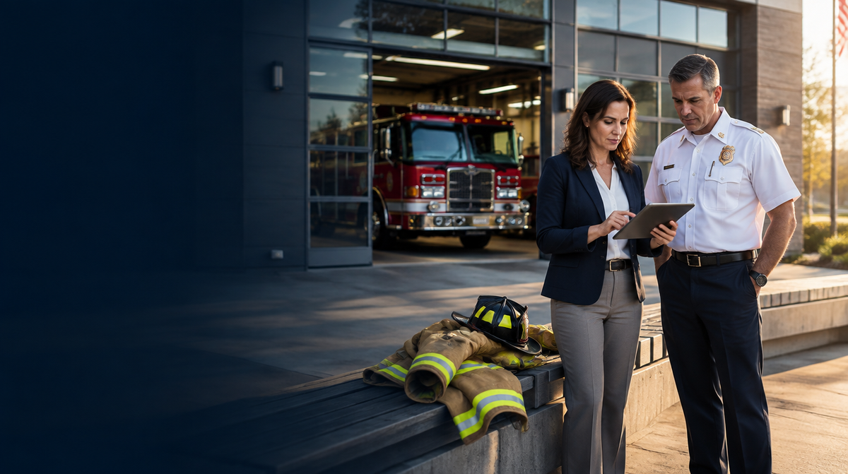 Illustrative scene of a municipal buyer and fire chief reviewing equipment needs outside an American fire station.