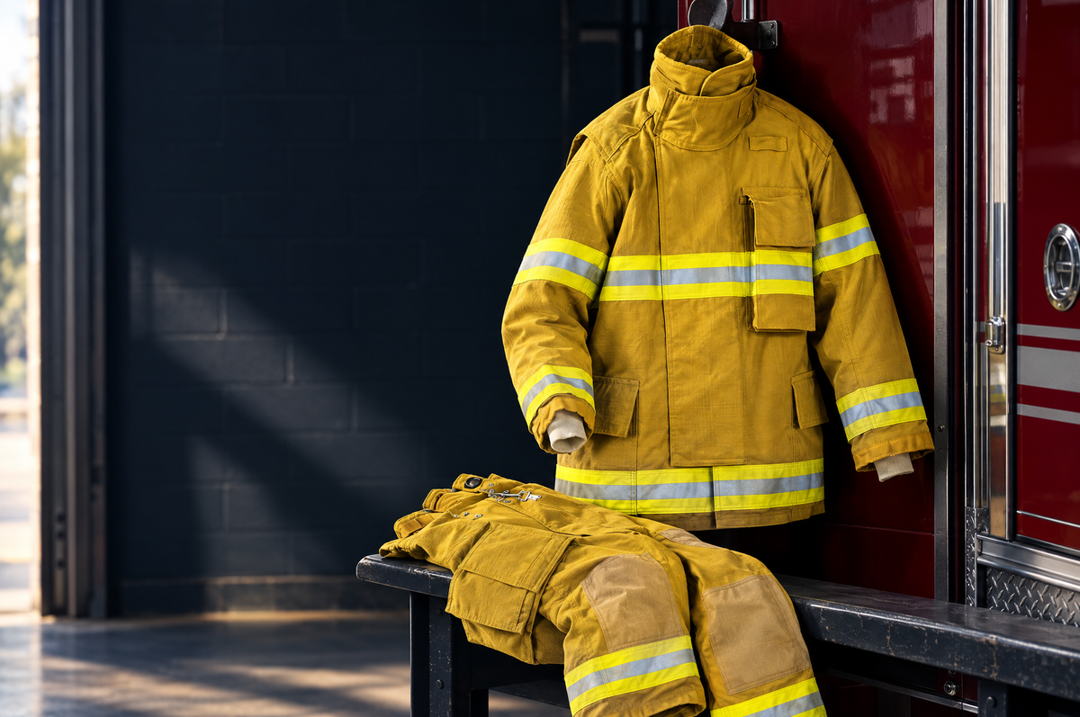 Illustrative gold turnout coat and folded pants beside red fire apparatus.