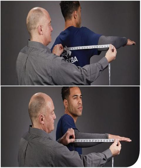 Tape follows the shoulder and bent elbow toward the hand.