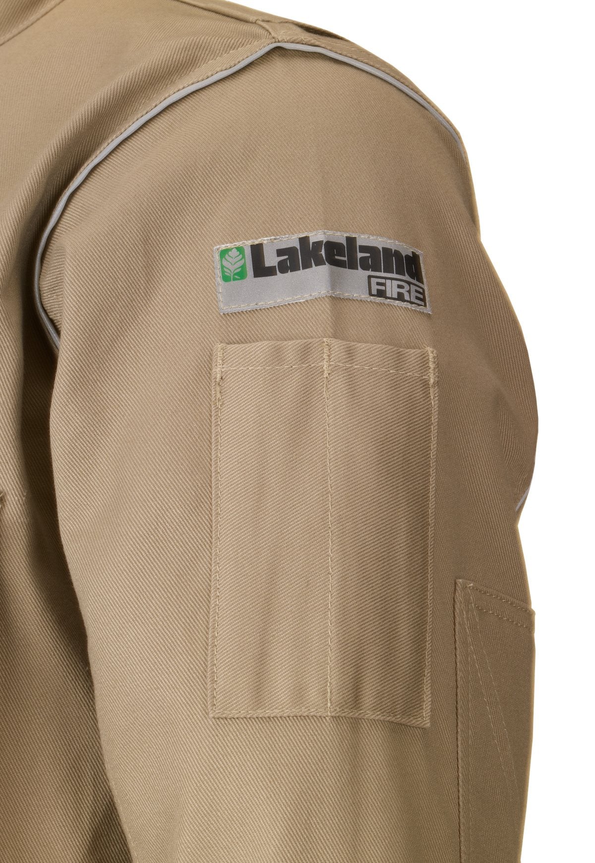 Close view of the sleeve pocket and Lakeland Fire label on an extrication coat