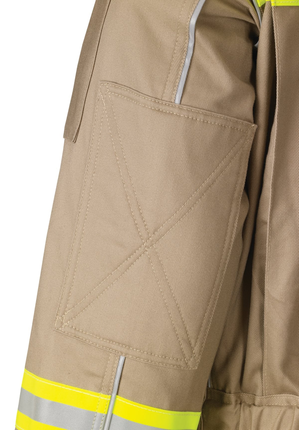 Close view of the reinforced elbow panel on a Lakeland extrication coat