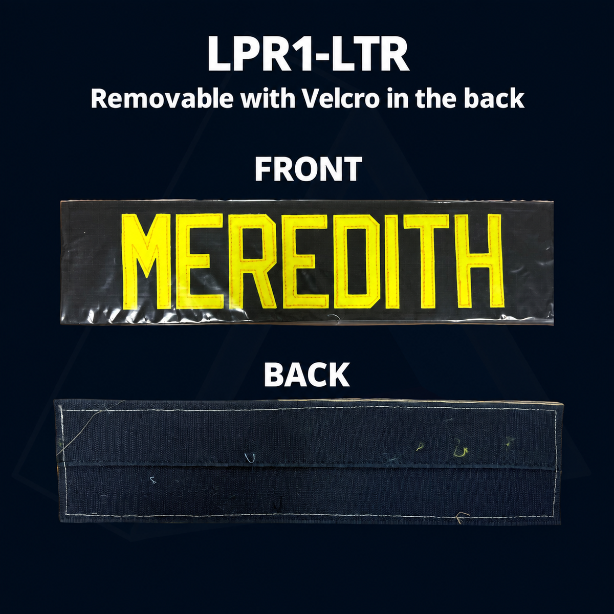 LPR1-LTR removable name panel with Velcro backing, front and back