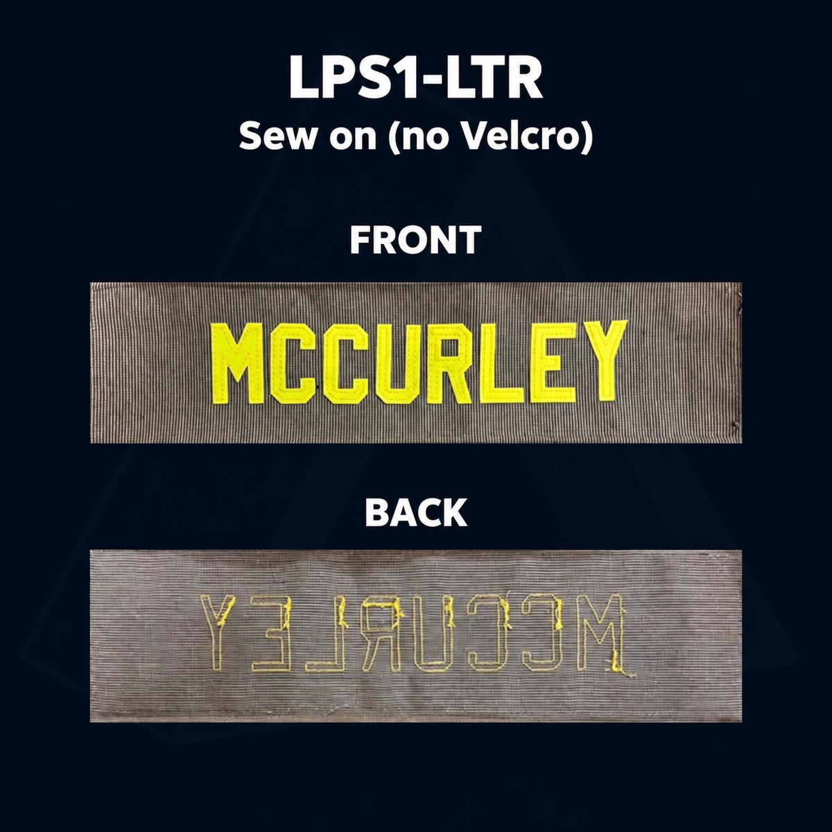 LPS1-LTR sew-on name panel, front and back, with MCCURLEY lettering