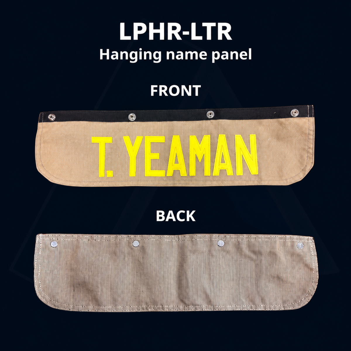 LPHR-LTR hanging name panel with T. YEAMAN lettering, front and back