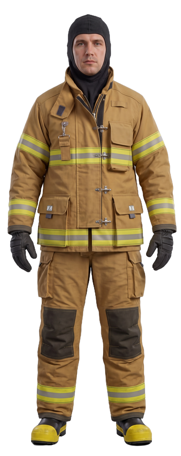 Firefighter wearing a coat, pant, hood, gloves and boots