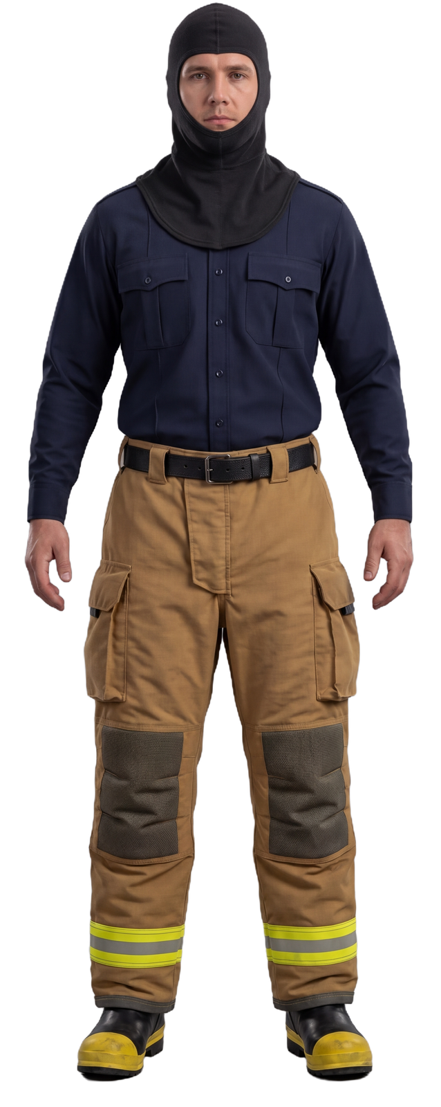 Firefighter wearing turnout pants, a hood and boots