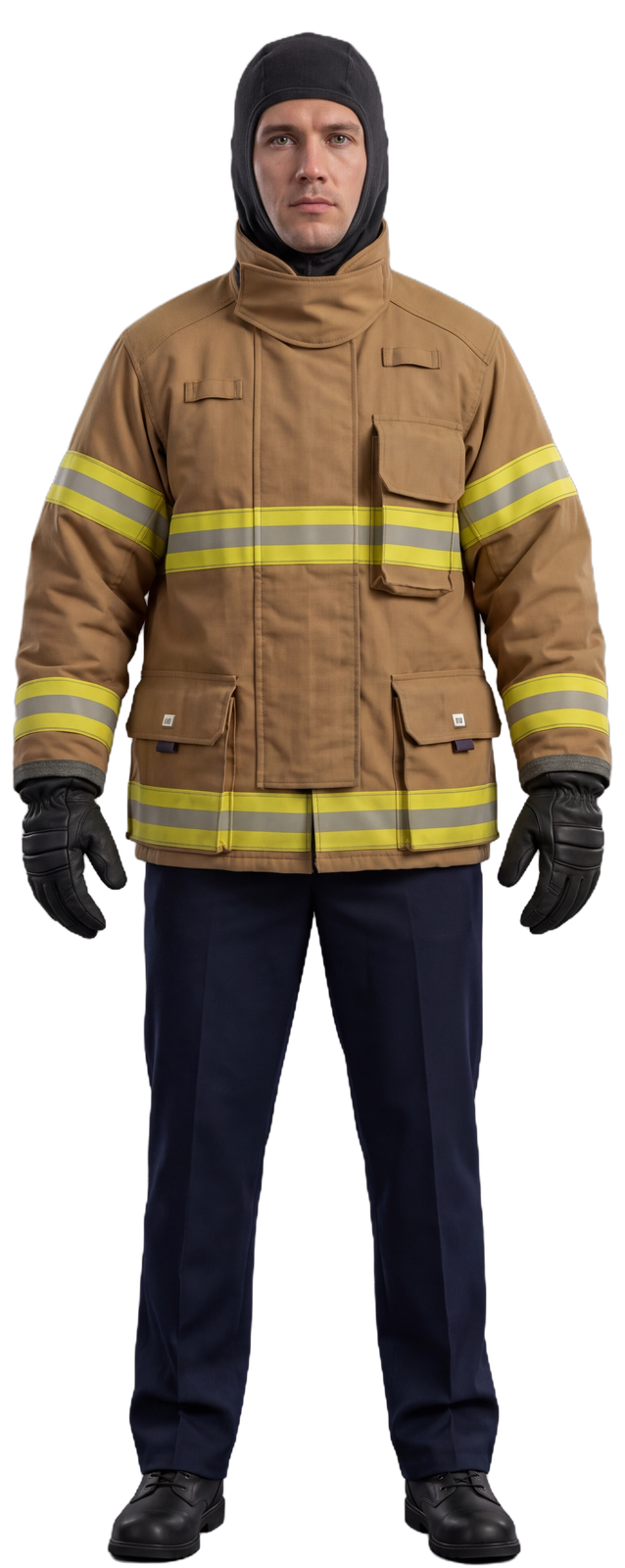 Firefighter wearing a coat, hood and gloves