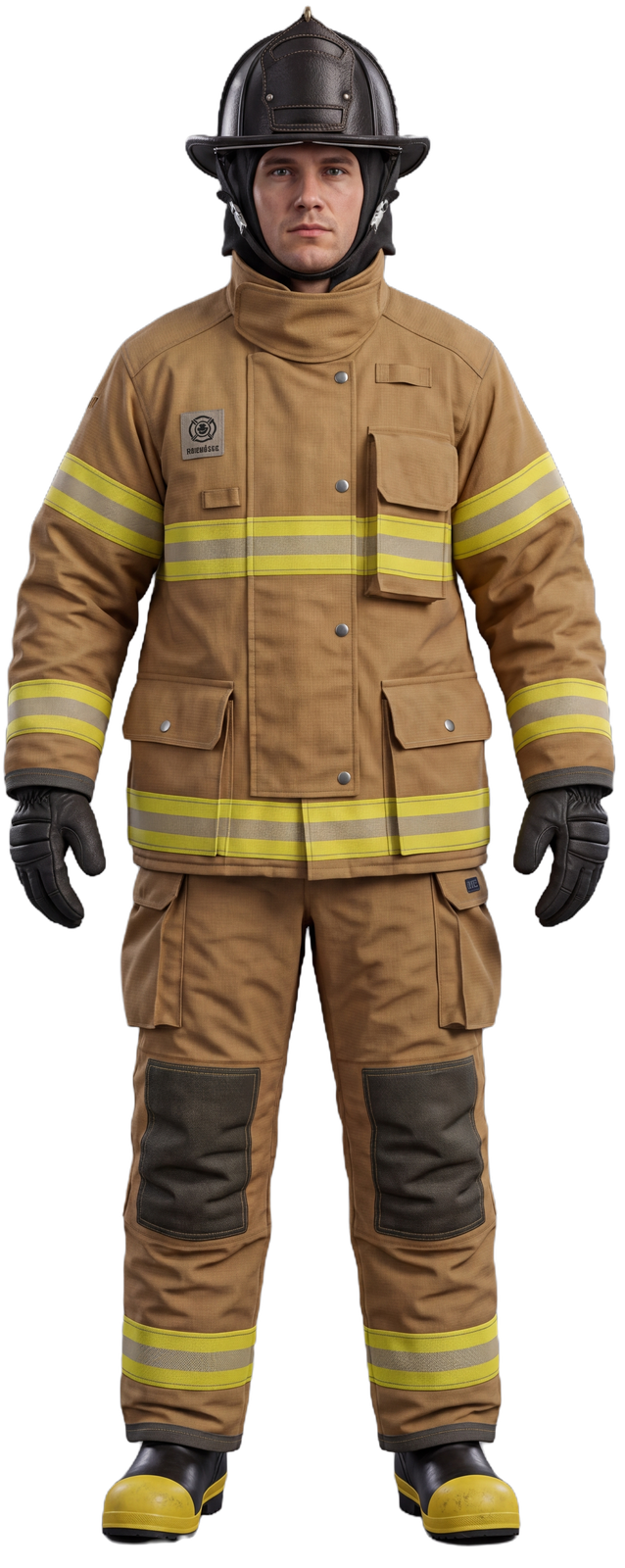 Firefighter in a complete structural turnout ensemble