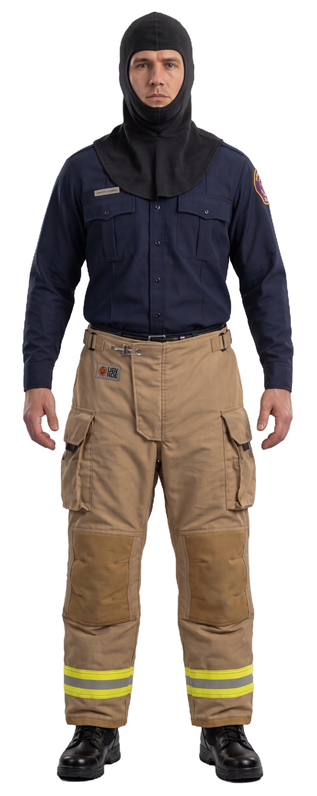 Firefighter wearing turnout pants and a hood