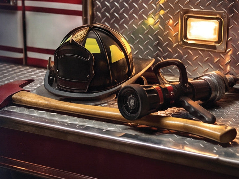 A black leather fire helmet, an axe and a nozzle resting on the diamond-plate tailboard of a fire apparatus.