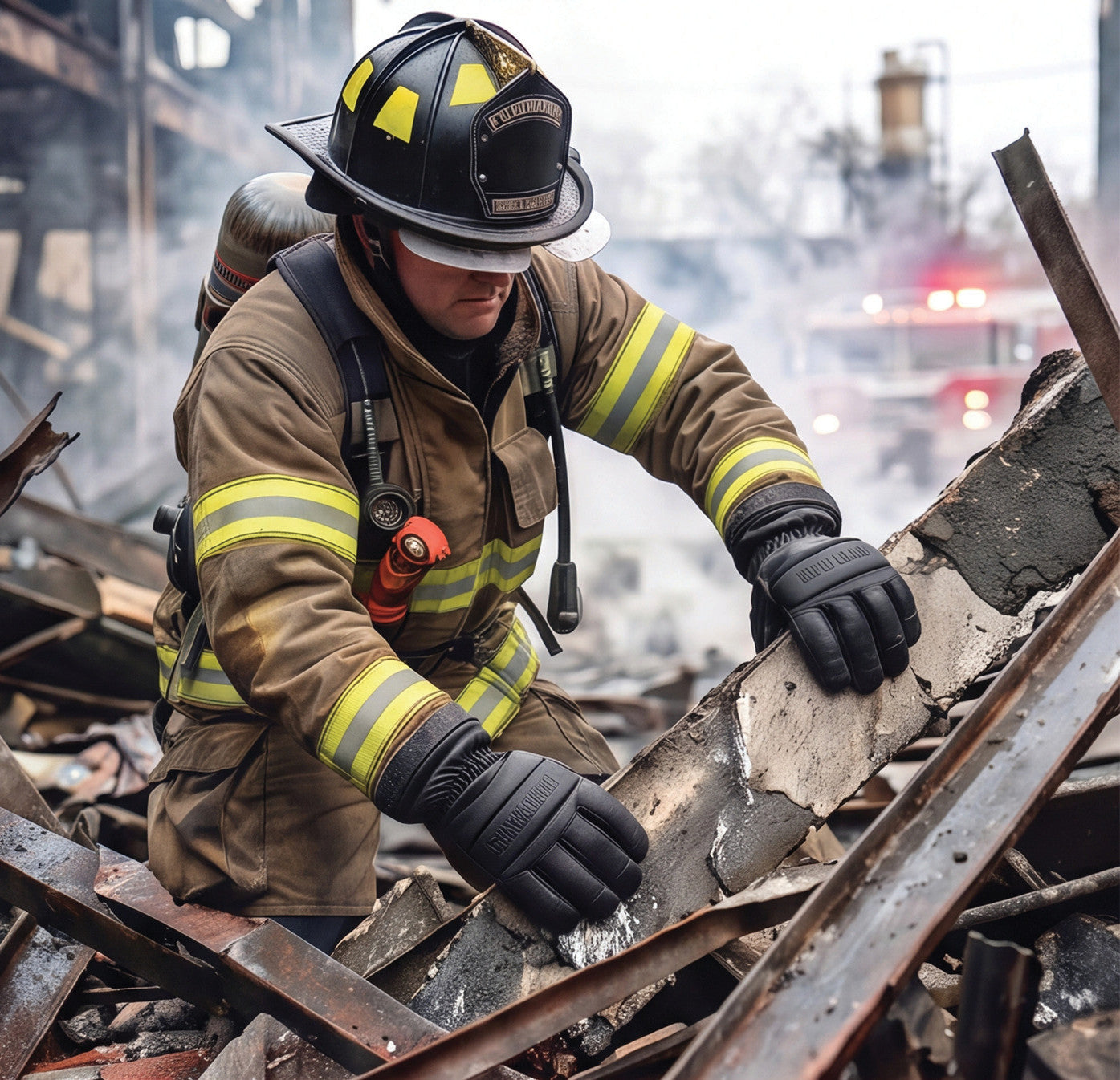 Firefighter in full turnout gear and black RagTop Fire Duty Mitts lifting charred structural debris on a fireground, with an engine visible through the smoke behind.