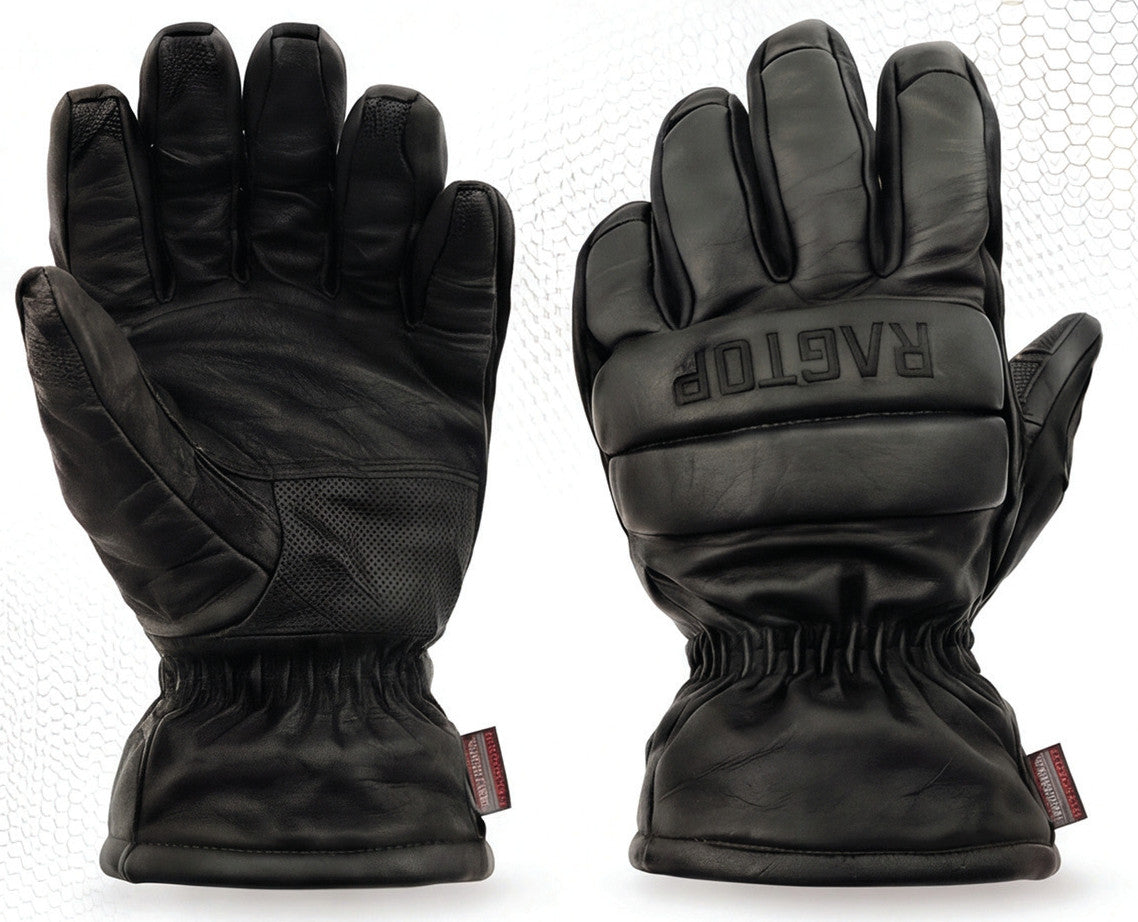 A pair of RagTop Fire Duty Mitts shown palm side and back-of-hand side. The back-of-hand glove shows a broad padded knuckle bar with a dark embossed RAGTOP wordmark, a gathered elastic wrist and a plain black leather gauntlet cuff.