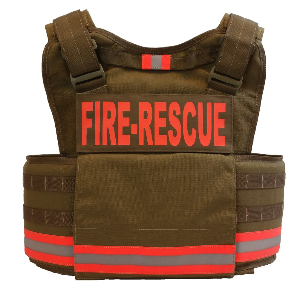 Tan Covert Armor F2 carrier with FIRE-RESCUE identification and orange-silver reflective trim